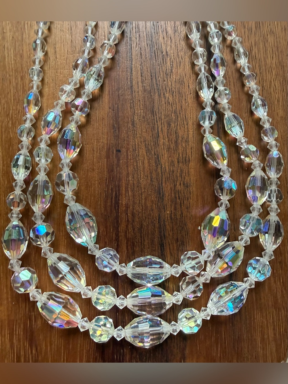 VTG Triple Strand Crystal Aurora AB Glass Bead Necklace Clear Iridescent